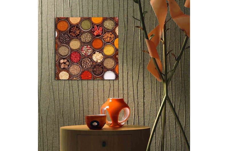Lerretsbilde 45x45 cm - Fargerik samling av krydder i boller - Rød / Gul / Grønn - Innredning - Bilder & kunst - Lerretsbilder