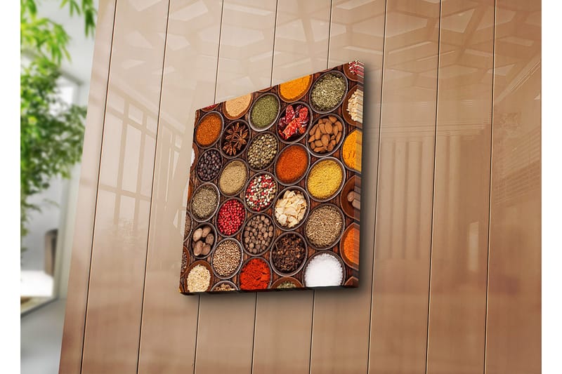 Lerretsbilde 45x45 cm - Fargerik samling av krydder i boller - Rød / Gul / Grønn - Innredning - Bilder & kunst - Lerretsbilder