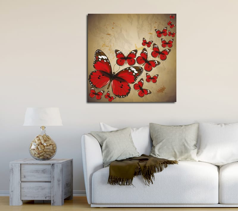 Lerretsbilde 45x45 cm - Fargerik samling av sommerfugler i rød fargetone, Rød / Svart / Beige