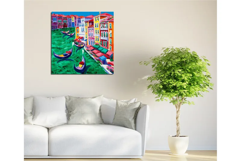 Lerretsbilde 45x45 cm - Fargerik utsikt over en kanal med gondoler og fargerike bygninger - Grønn / Rød / Blå - Innredning - Bilder & kunst - Lerretsbilder