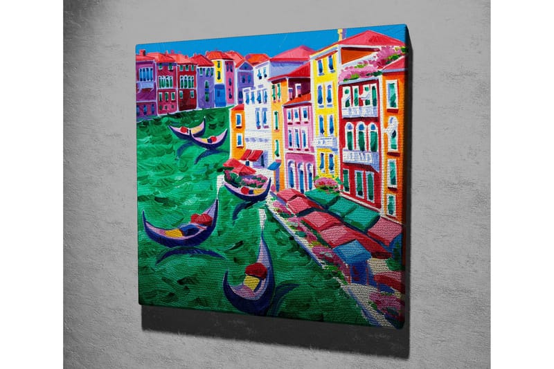 Lerretsbilde 45x45 cm - Fargerik utsikt over en kanal med gondoler og fargerike bygninger - Grønn / Rød / Blå - Innredning - Bilder & kunst - Lerretsbilder