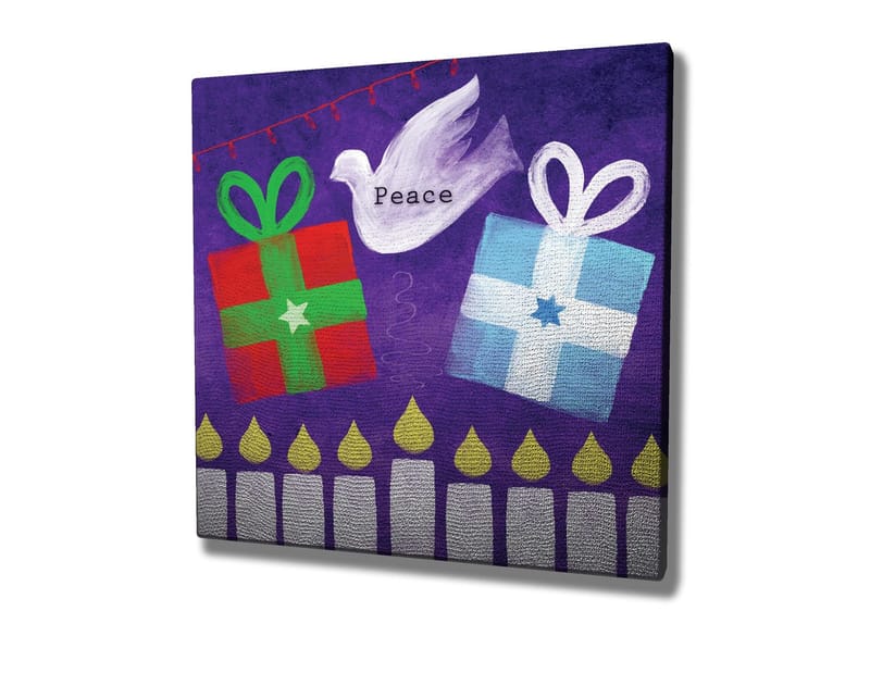 Lerretsbilde 45x45 cm - Fargerike gaver med en fredsdue i en leken komposisjon - Grønn / Rød / Lilla - Innredning - Bilder & kunst - Lerretsbilder