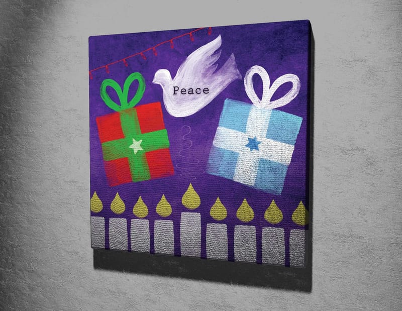 Lerretsbilde 45x45 cm - Fargerike gaver med en fredsdue i en leken komposisjon - Grønn / Rød / Lilla - Innredning - Bilder & kunst - Lerretsbilder