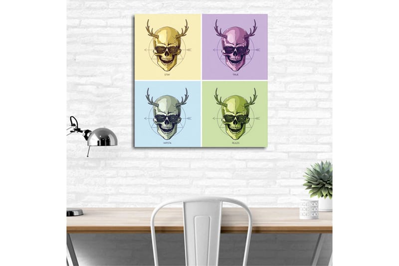 Lerretsbilde 45x45 cm - Fargerike hodeskaller med horn i en firedelt komposisjon - Gul / Lilla / Grønn - Innredning - Bilder & kunst - Lerretsbilder