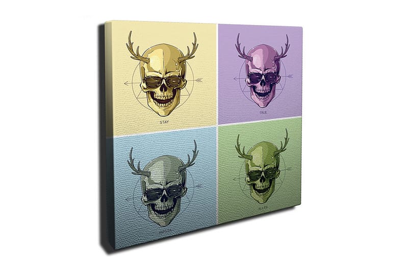 Lerretsbilde 45x45 cm - Fargerike hodeskaller med horn i en firedelt komposisjon - Gul / Lilla / Grønn - Innredning - Bilder & kunst - Lerretsbilder