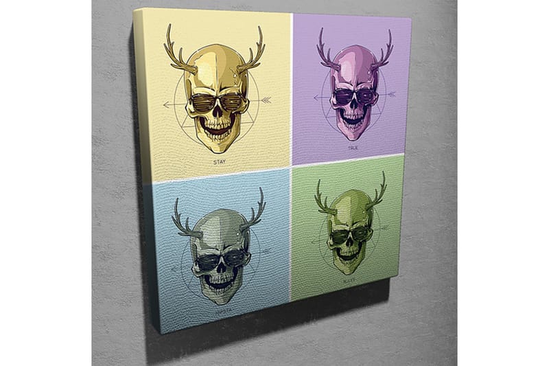 Lerretsbilde 45x45 cm - Fargerike hodeskaller med horn i en firedelt komposisjon - Gul / Lilla / Grønn - Innredning - Bilder & kunst - Lerretsbilder