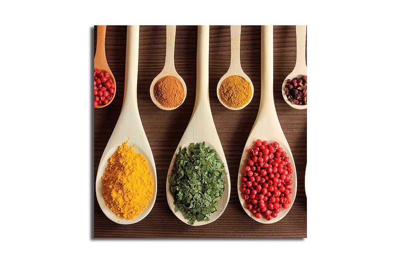 Lerretsbilde 45x45 cm - Fargerike krydder i treskjeer, Gul / Grønn / Rød