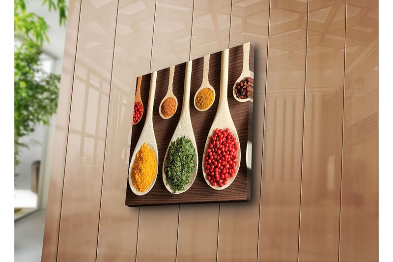 Lerretsbilde 45x45 cm - Fargerike krydder i treskjeer - Gul / Grønn / Rød - Innredning - Bilder & kunst - Lerretsbilder