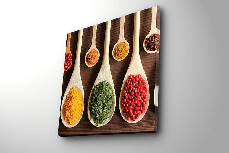 Lerretsbilde 45x45 cm - Fargerike krydder i treskjeer - Gul / Grønn / Rød - Innredning - Bilder & kunst - Lerretsbilder