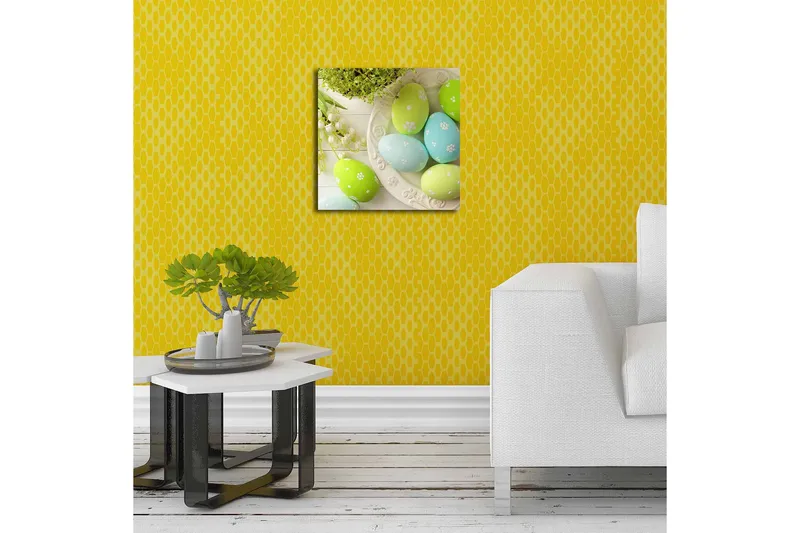 Lerretsbilde 45x45 cm - Fargerike påskeegg i pastellfarger - Grønn / Blå / Hvit - Innredning - Bilder & kunst - Lerretsbilder