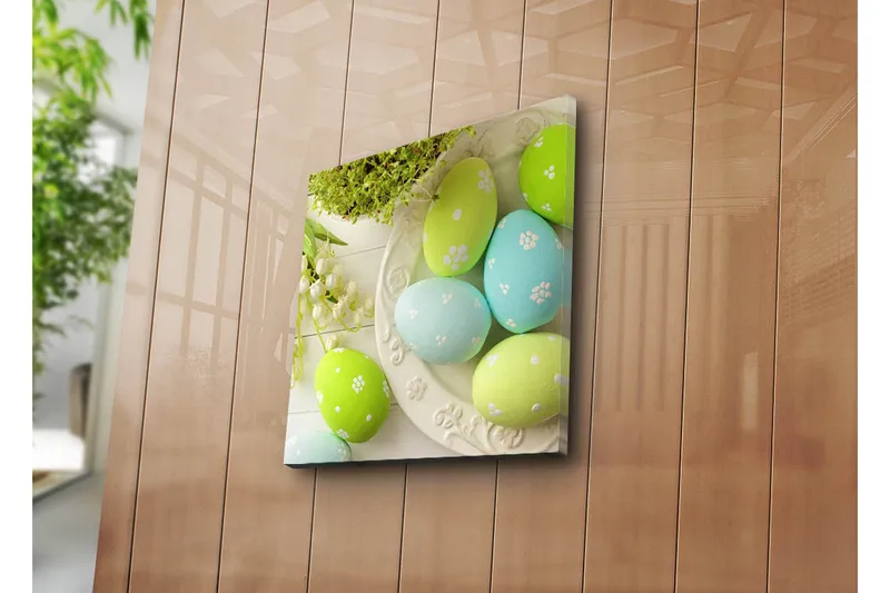 Lerretsbilde 45x45 cm - Fargerike påskeegg i pastellfarger - Grønn / Blå / Hvit - Innredning - Bilder & kunst - Lerretsbilder