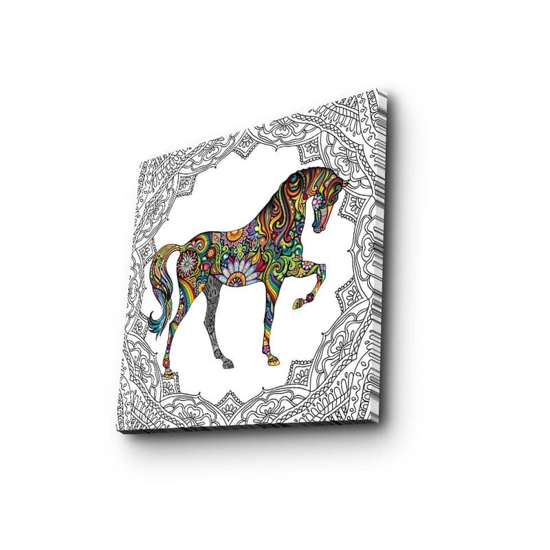 Lerretsbilde 45x45 cm - Fargerikt hestemotiv med mønstre og detaljer - Rød / Grønn / Blå - Innredning - Bilder & kunst - Lerretsbilder