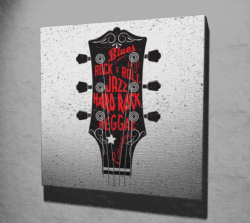 Lerretsbilde 45x45 cm - Gitarhode med musikksjangere i fokus - Svart / Rød / Hvit - Innredning - Bilder & kunst - Lerretsbilder