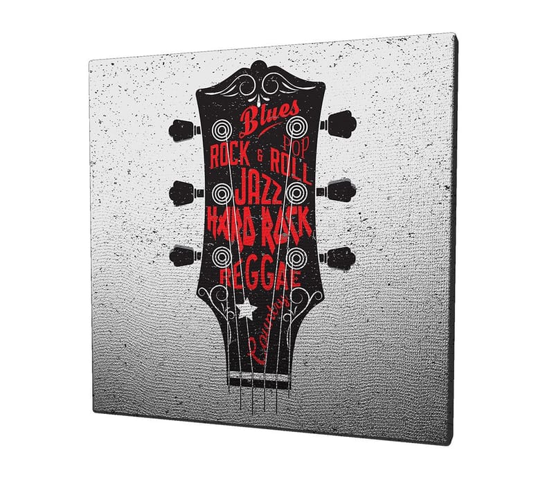 Lerretsbilde 45x45 cm - Gitarhode med musikksjangere i fokus - Svart / Rød / Hvit - Innredning - Bilder & kunst - Lerretsbilder