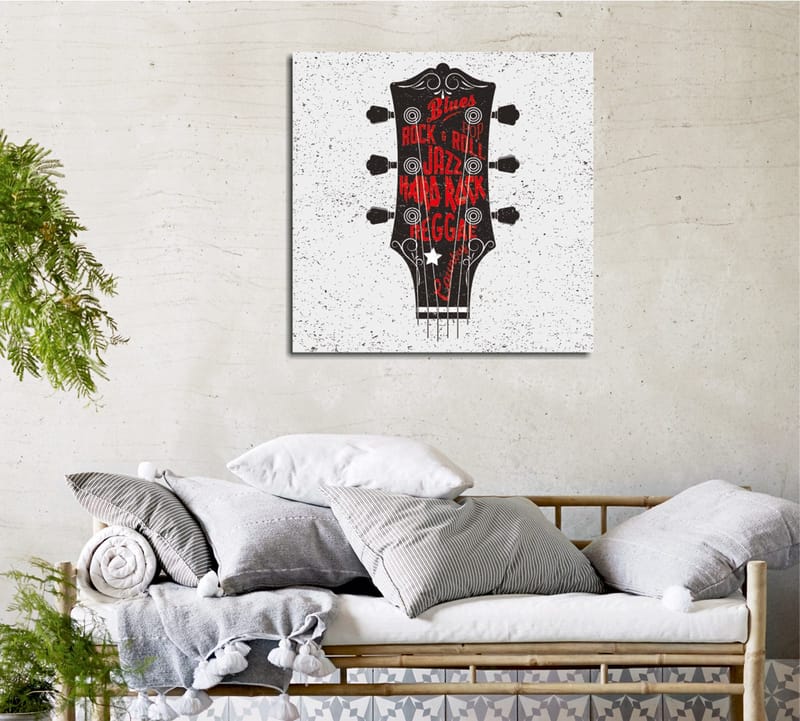Lerretsbilde 45x45 cm - Gitarhode med musikksjangere i fokus - Svart / Rød / Hvit - Innredning - Bilder & kunst - Lerretsbilder