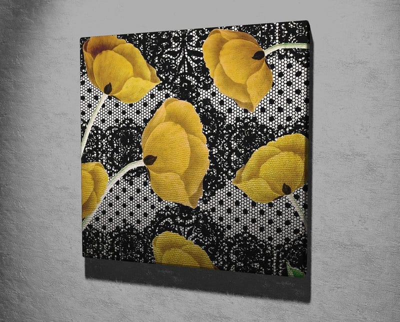 Lerretsbilde 45x45 cm - Gule blomster mot svart og hvit bakgrunn - Gul / Svart / Hvit - Innredning - Bilder & kunst - Lerretsbilder