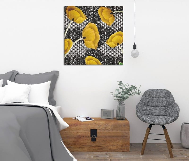 Lerretsbilde 45x45 cm - Gule blomster mot svart og hvit bakgrunn, Gul / Svart / Hvit