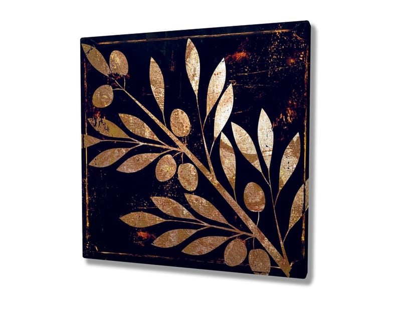 Lerretsbilde 45x45 cm - Gyllent plantemotiv med blader og bær på mørk bakgrunn - Gull / Mørkeblå - Innredning - Bilder & kunst - Lerretsbilder