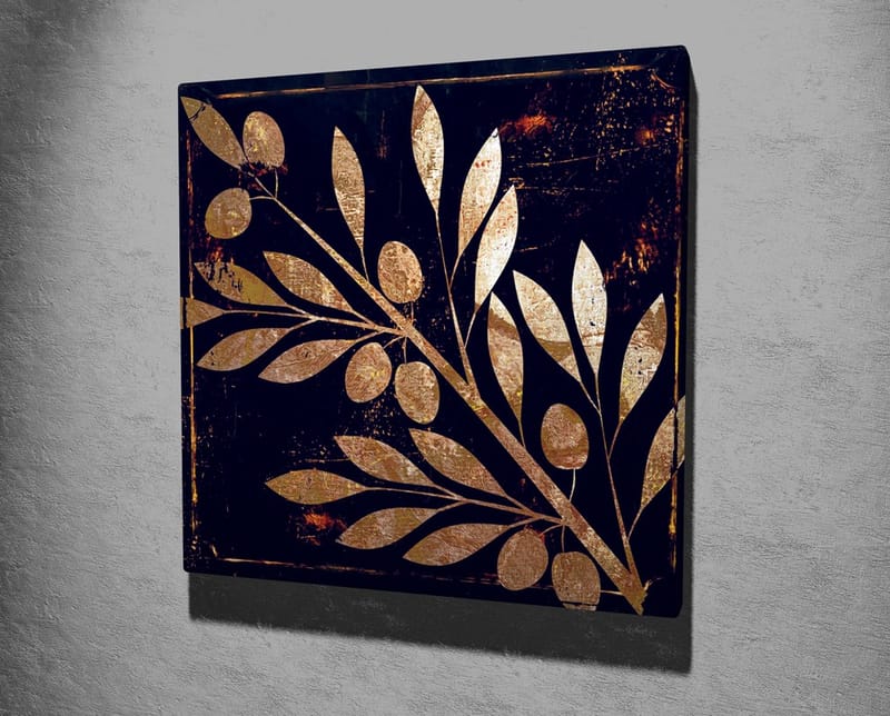 Lerretsbilde 45x45 cm - Gyllent plantemotiv med blader og bær på mørk bakgrunn - Gull / Mørkeblå - Innredning - Bilder & kunst - Lerretsbilder