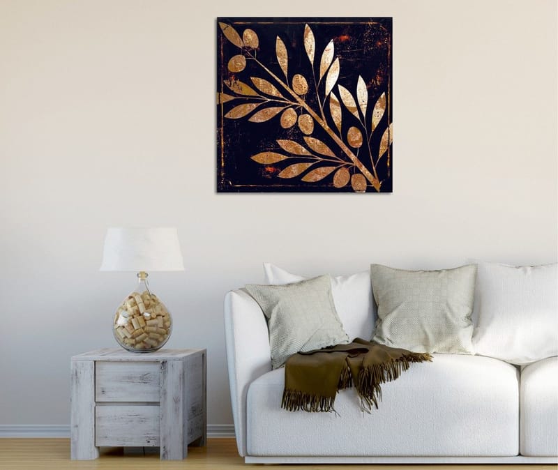 Lerretsbilde 45x45 cm - Gyllent plantemotiv med blader og bær på mørk bakgrunn, Gull / Mørkeblå