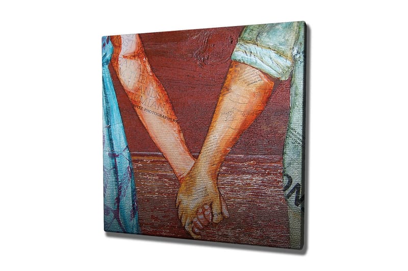 Lerretsbilde 45x45 cm - Hender som holder hverandre i en kjærlig gest - Rød / Beige / Blå - Innredning - Bilder & kunst - Lerretsbilder