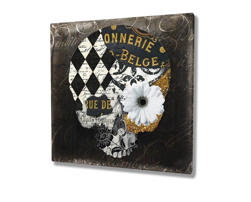 Lerretsbilde 45x45 cm - Hodeskalle med blomster og geometriske mønstre - Svart / Hvit / Gul - Innredning - Bilder & kunst - Lerretsbilder