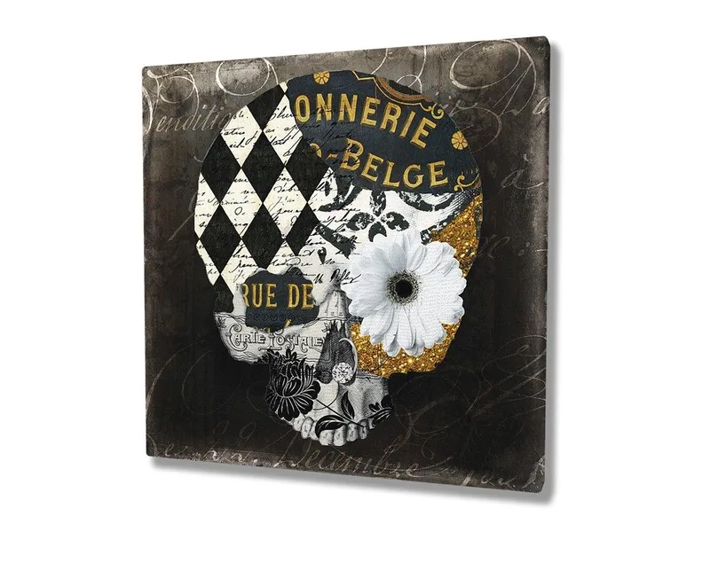 Lerretsbilde 45x45 cm - Hodeskalle med blomster og geometriske mønstre - Svart / Hvit / Gul - Innredning - Bilder & kunst - Lerretsbilder