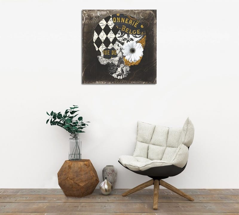 Lerretsbilde 45x45 cm - Hodeskalle med blomster og geometriske mønstre - Svart / Hvit / Gul - Innredning - Bilder & kunst - Lerretsbilder