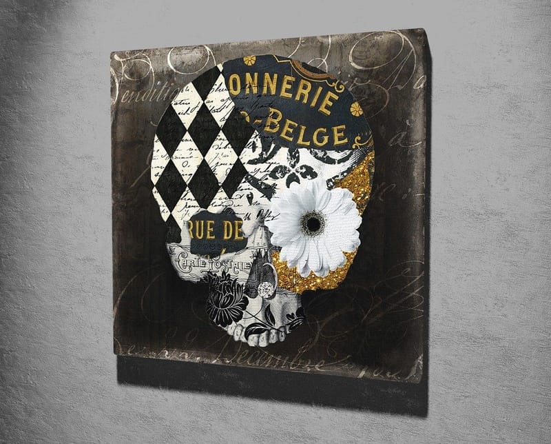 Lerretsbilde 45x45 cm - Hodeskalle med blomster og geometriske mønstre - Svart / Hvit / Gul - Innredning - Bilder & kunst - Lerretsbilder