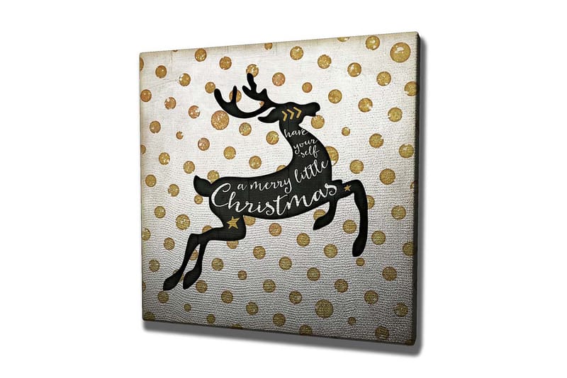 Lerretsbilde 45x45 cm - Hoppende reinsdyr med julehilsen, Svart / Gull / Hvit
