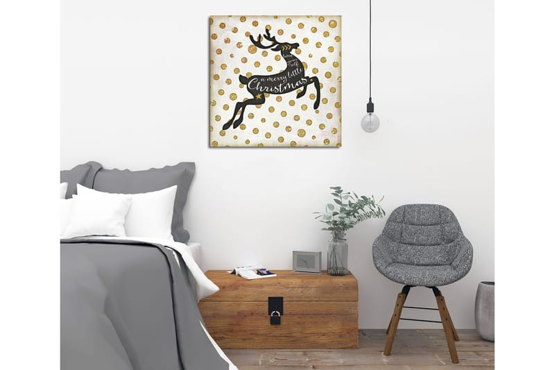 Lerretsbilde 45x45 cm - Hoppende reinsdyr med julehilsen - Svart / Gull / Hvit - Innredning - Bilder & kunst - Lerretsbilder