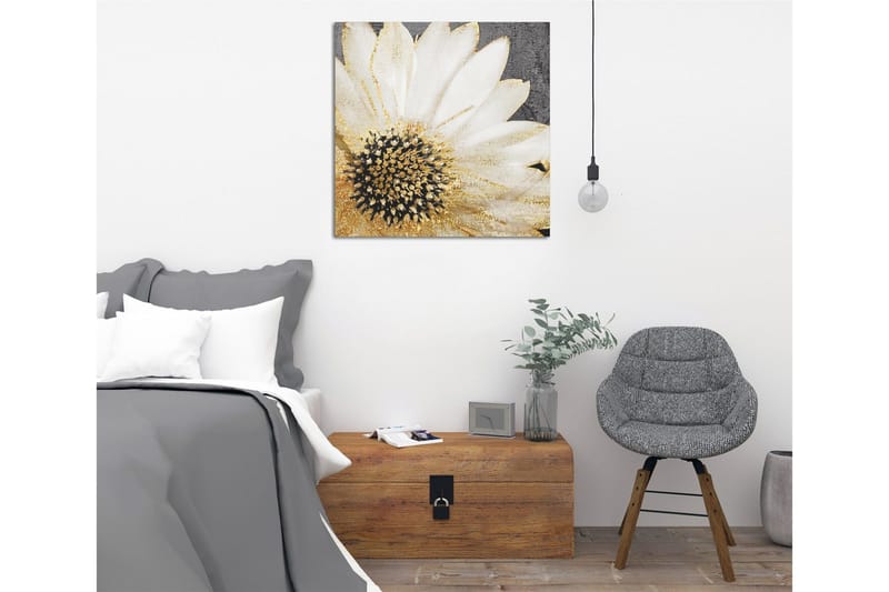 Lerretsbilde 45x45 cm - Hvit blomst med svart midtpunkt og gylne detaljer - Hvit / Svart / Gull - Innredning - Bilder & kunst - Lerretsbilder