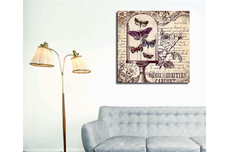 Lerretsbilde 45x45 cm - Insekter i en glassbolle med blomster og håndskrevet tekst i bakgrunnen - Lilla / Grå / Beige - Innredning - Bilder & kunst - Lerretsbilder