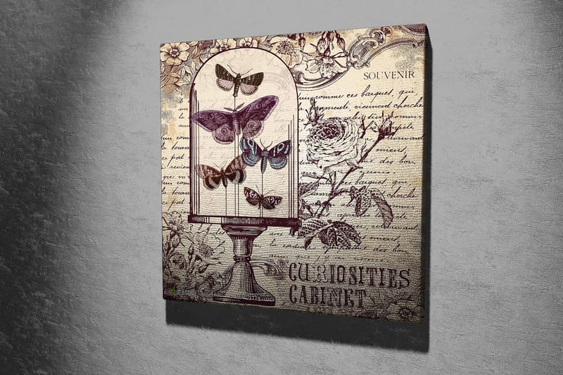 Lerretsbilde 45x45 cm - Insekter i en glassbolle med blomster og håndskrevet tekst i bakgrunnen - Lilla / Grå / Beige - Innredning - Bilder & kunst - Lerretsbilder