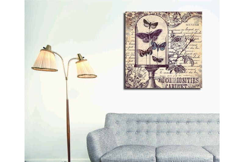 Lerretsbilde 45x45 cm - Insekter i en glassbolle med blomster og håndskrevet tekst i bakgrunnen - Lilla / Grå / Beige - Innredning - Bilder & kunst - Lerretsbilder