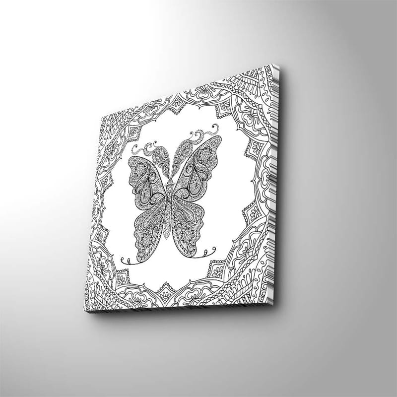 Lerretsbilde 45x45 cm - Intrikat mønster av en sommerfugl omgitt av dekorative detaljer - Svart / Hvit - Innredning - Bilder & kunst - Lerretsbilder