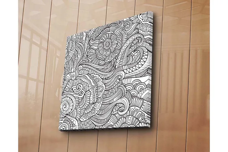 Lerretsbilde 45x45 cm - Intrikat mønster med blomster og buede linjer - Svart / Hvit - Innredning - Bilder & kunst - Lerretsbilder