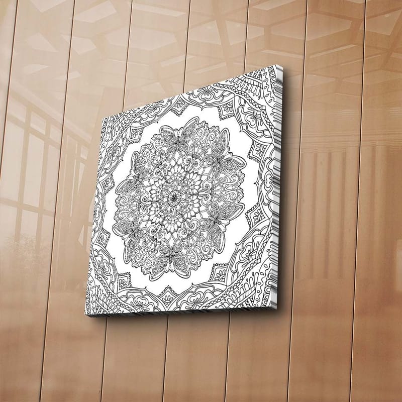 Lerretsbilde 45x45 cm - Intrikat mandala med sommerfugler og blomster - Svart / Hvit - Innredning - Bilder & kunst - Lerretsbilder