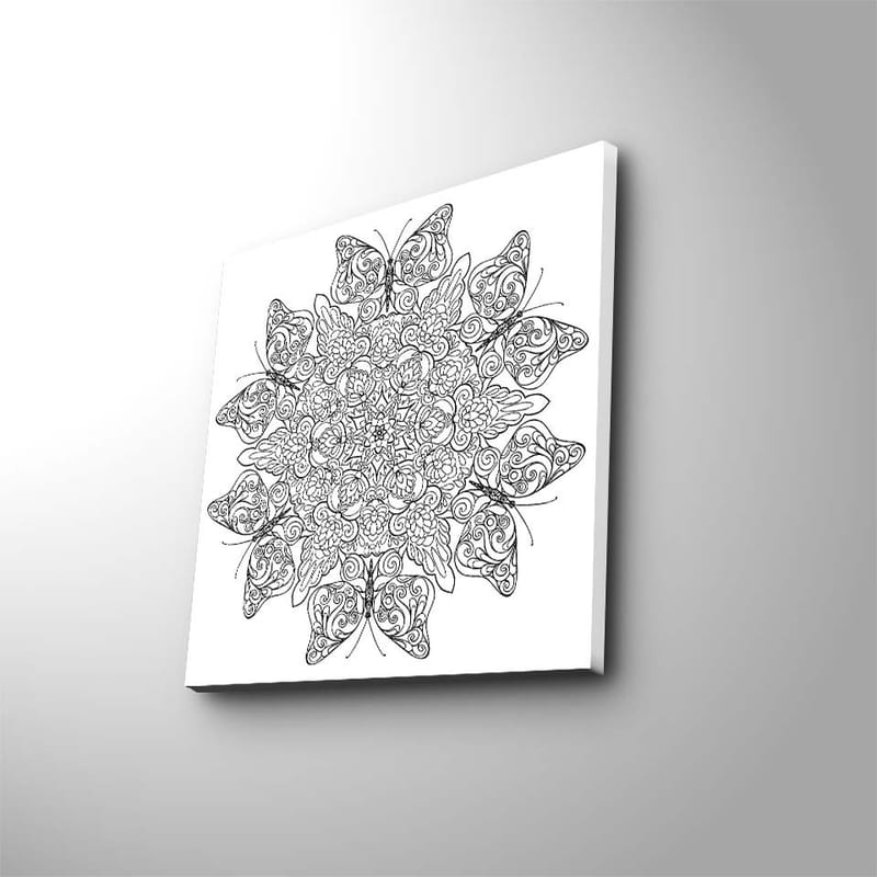 Lerretsbilde 45x45 cm - Intrikat mandala med sommerfugler og blomster - Svart / Hvit - Innredning - Bilder & kunst - Lerretsbilder