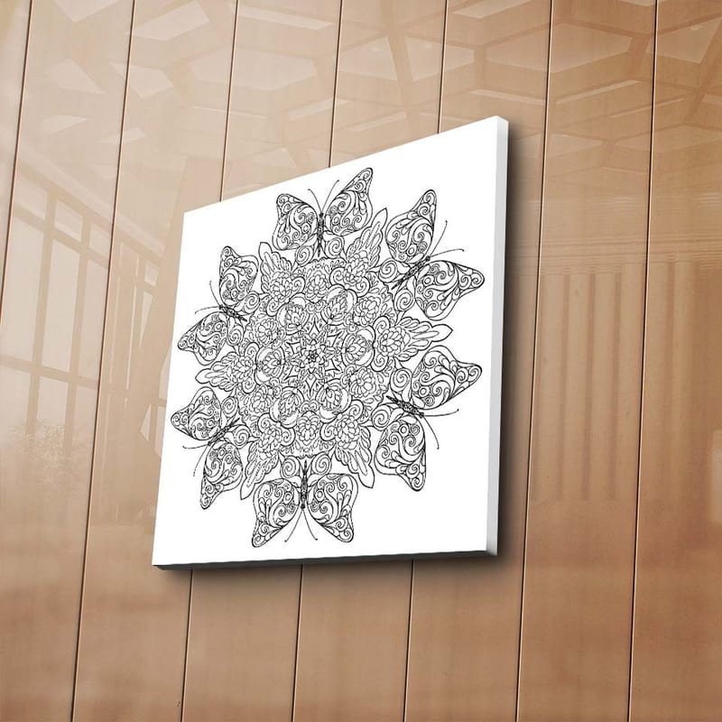 Lerretsbilde 45x45 cm - Intrikat mandala med sommerfugler og blomster - Svart / Hvit - Innredning - Bilder & kunst - Lerretsbilder