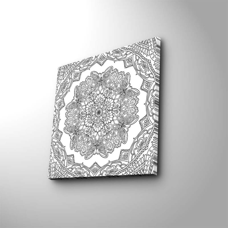 Lerretsbilde 45x45 cm - Intrikat mandala med sommerfugler og blomster - Svart / Hvit - Innredning - Bilder & kunst - Lerretsbilder