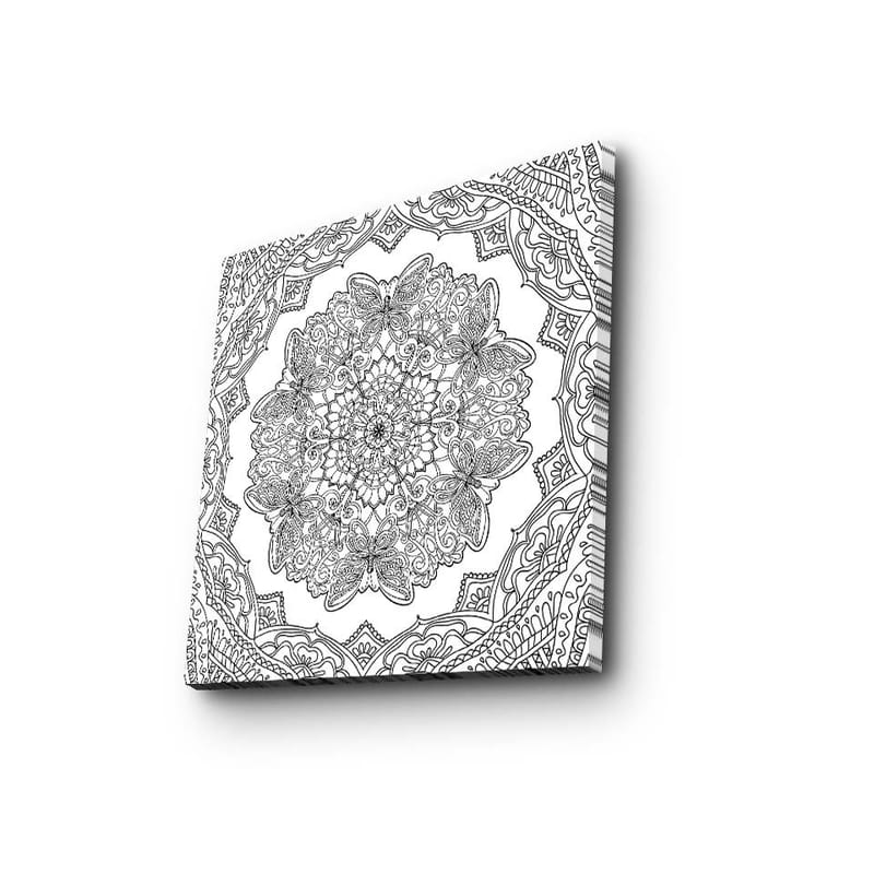 Lerretsbilde 45x45 cm - Intrikat mandala med sommerfugler og blomster, Svart / Hvit