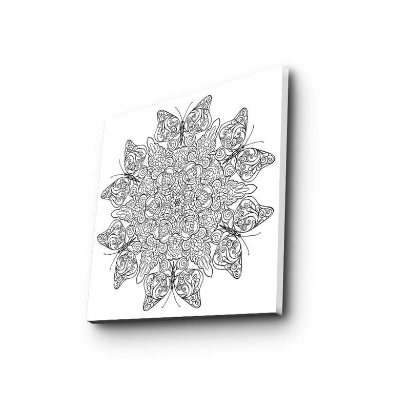 Lerretsbilde 45x45 cm - Intrikat mandala med sommerfugler og blomster - Svart / Hvit - Innredning - Bilder & kunst - Lerretsbilder
