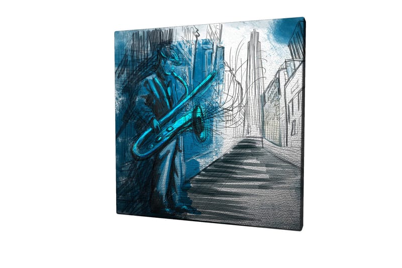 Lerretsbilde 45x45 cm - Jazzmusiker spiller saksofon i et urbant miljø - Blå / Grønn / Svart - Innredning - Bilder & kunst - Lerretsbilder
