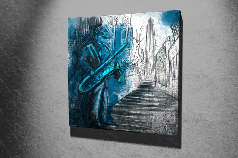 Lerretsbilde 45x45 cm - Jazzmusiker spiller saksofon i et urbant miljø - Blå / Grønn / Svart - Innredning - Bilder & kunst - Lerretsbilder