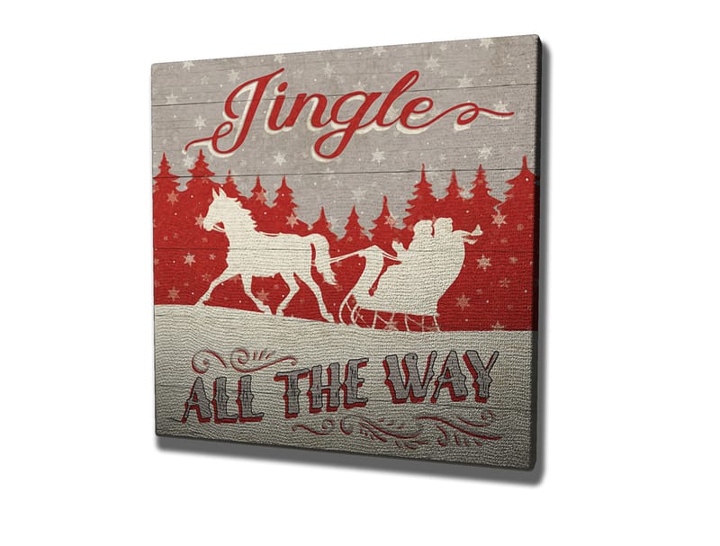 Lerretsbilde 45x45 cm - Julemotiv med reinsdyr og slede i snødekt landskap - Rød / Grå / Hvit - Innredning - Bilder & kunst - Lerretsbilder