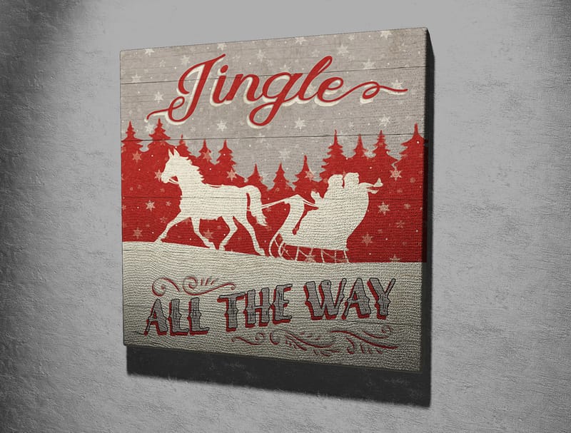 Lerretsbilde 45x45 cm - Julemotiv med reinsdyr og slede i snødekt landskap - Rød / Grå / Hvit - Innredning - Bilder & kunst - Lerretsbilder