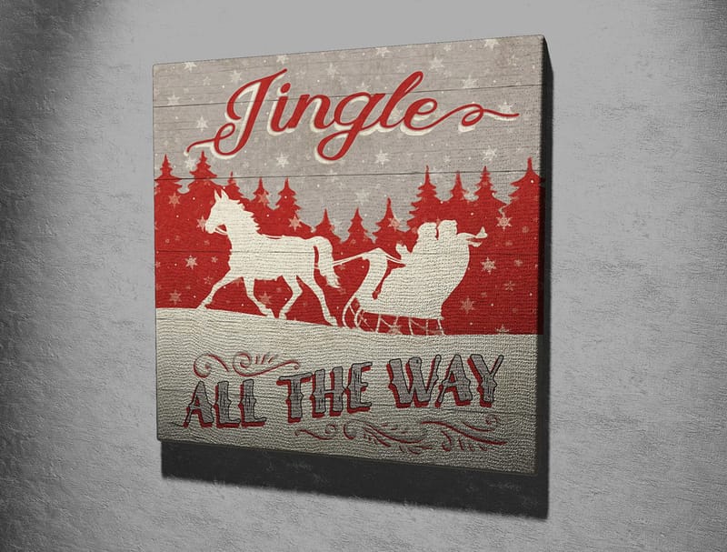 Lerretsbilde 45x45 cm - Julemotiv med reinsdyr og slede i snødekt landskap - Rød / Grå / Hvit - Innredning - Bilder & kunst - Lerretsbilder