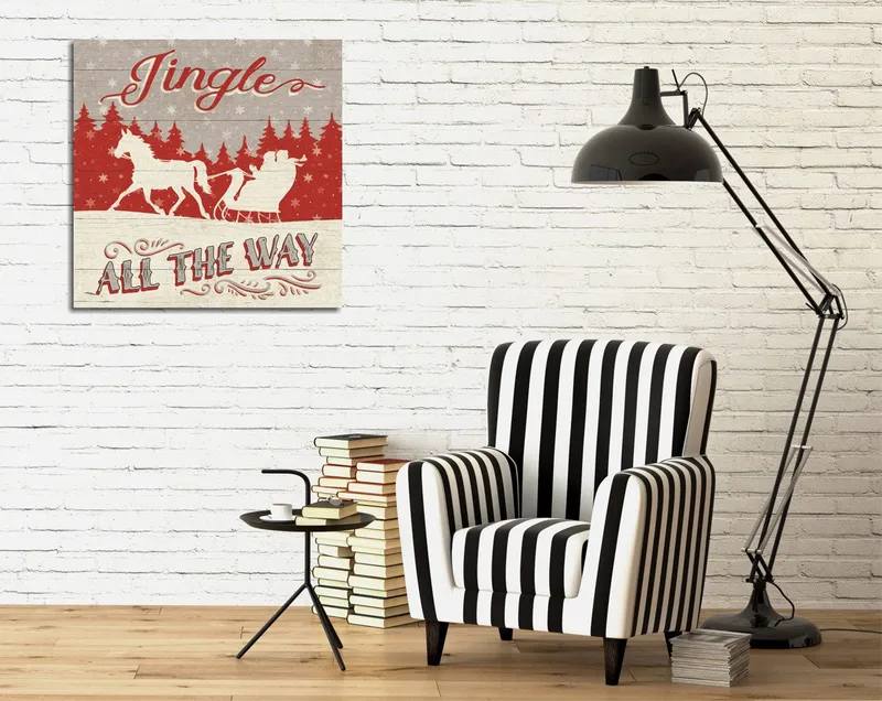 Lerretsbilde 45x45 cm - Julemotiv med reinsdyr og slede i snødekt landskap, Rød / Grå / Hvit