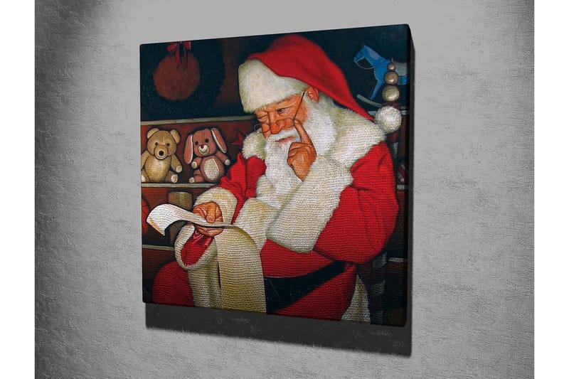 Lerretsbilde 45x45 cm - Julenissen leser en liste med leker i koselige omgivelser - Rød / Hvit / Brun - Innredning - Bilder & kunst - Lerretsbilder
